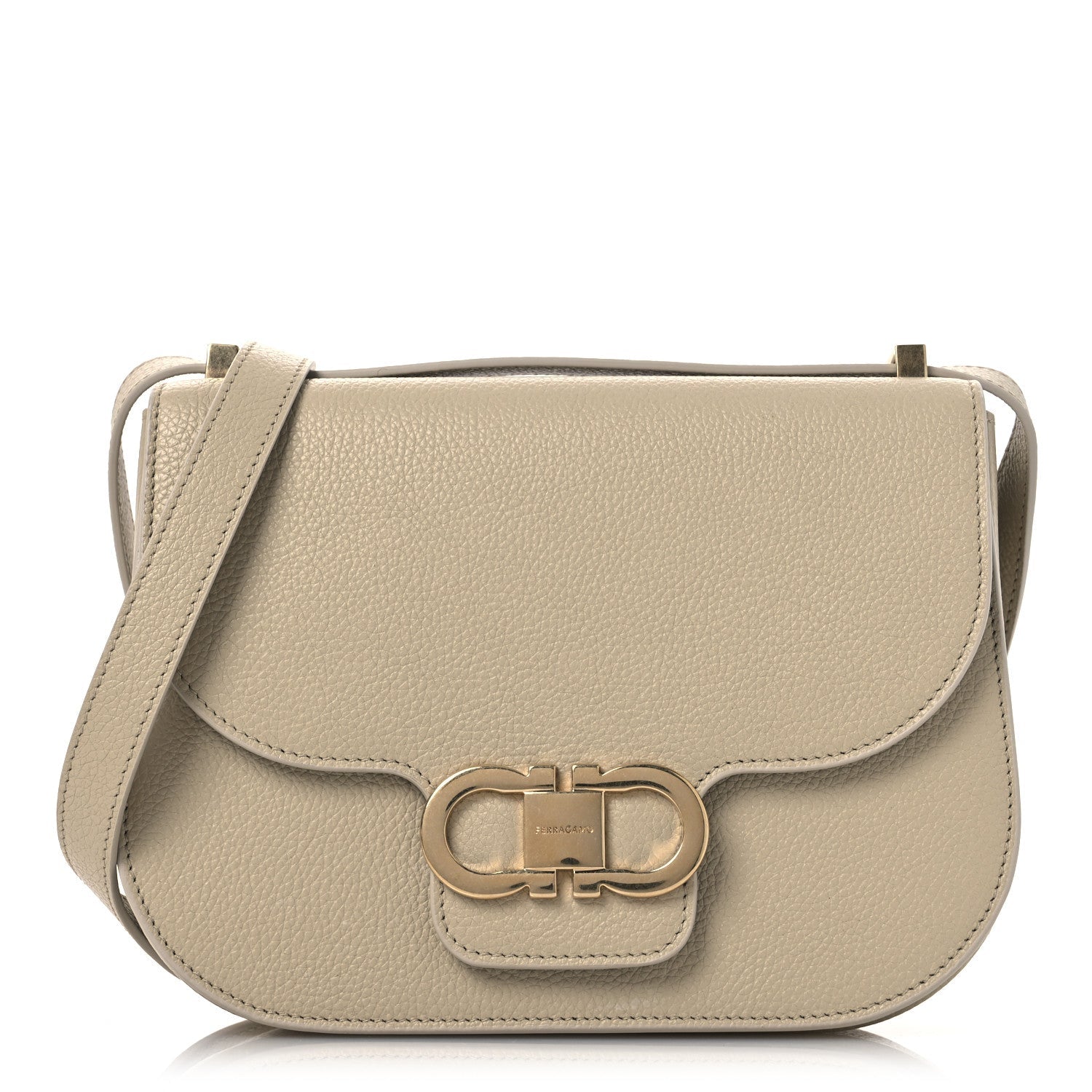 Grained Calfskin Double Gancini Crossbody Stone