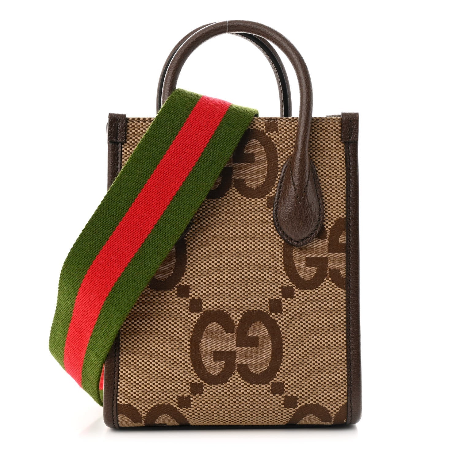Monogram Jumbo GG Textured Dollar Calfskin Web Mini Vertical Tote Camel Ebony New Acero