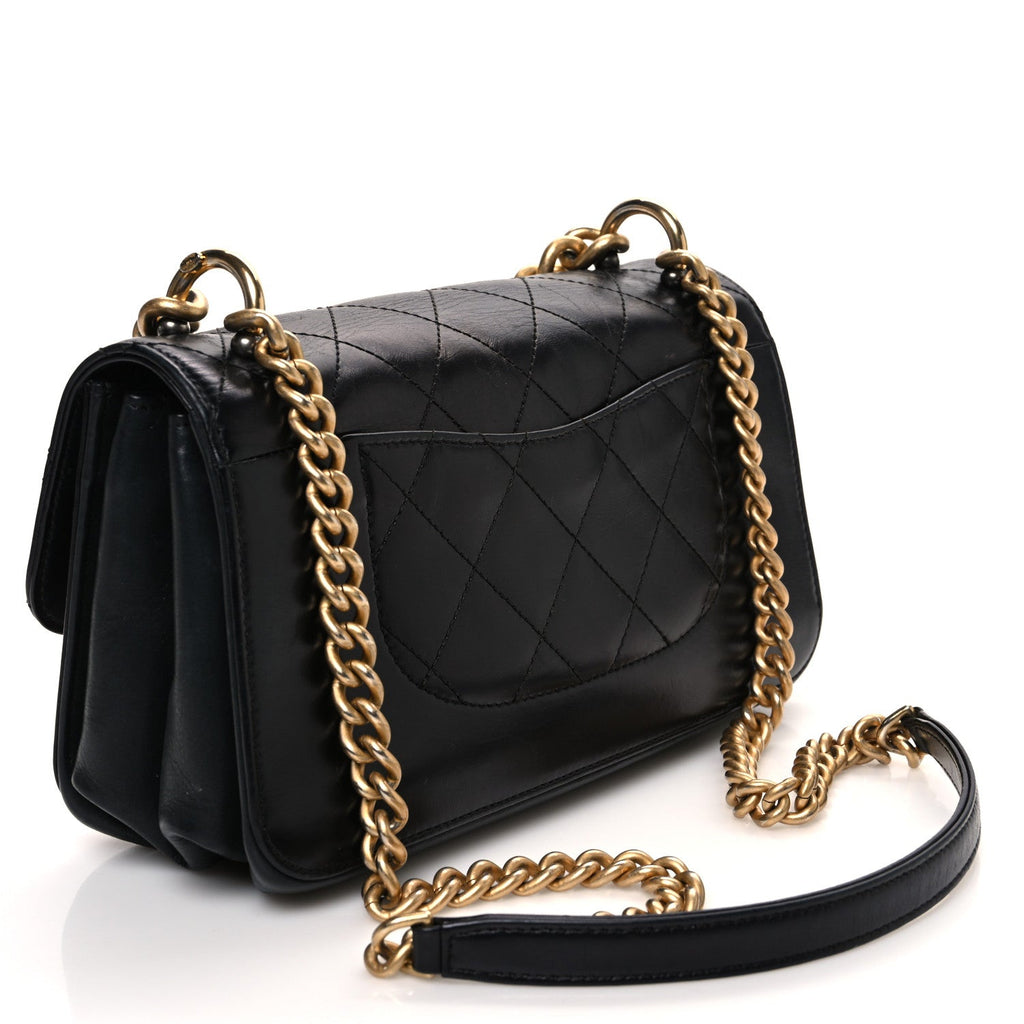 Glazed Calfskin Quilted Small Straight Lined Flap Black