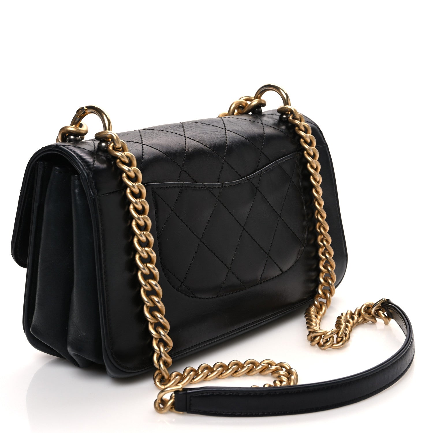 Glazed Calfskin Quilted Small Straight Lined Flap Black