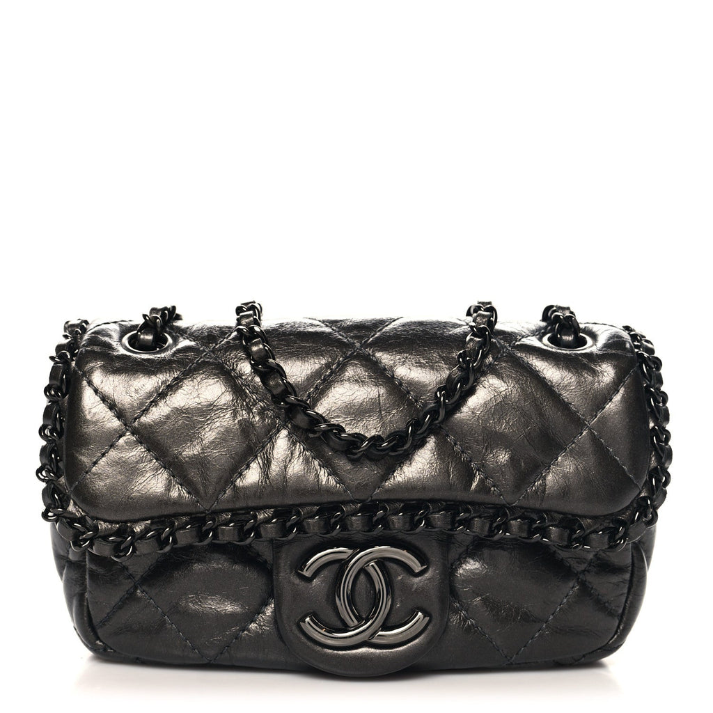 Metallic Aged Calfskin Mini Chain Me Flap Dark Grey