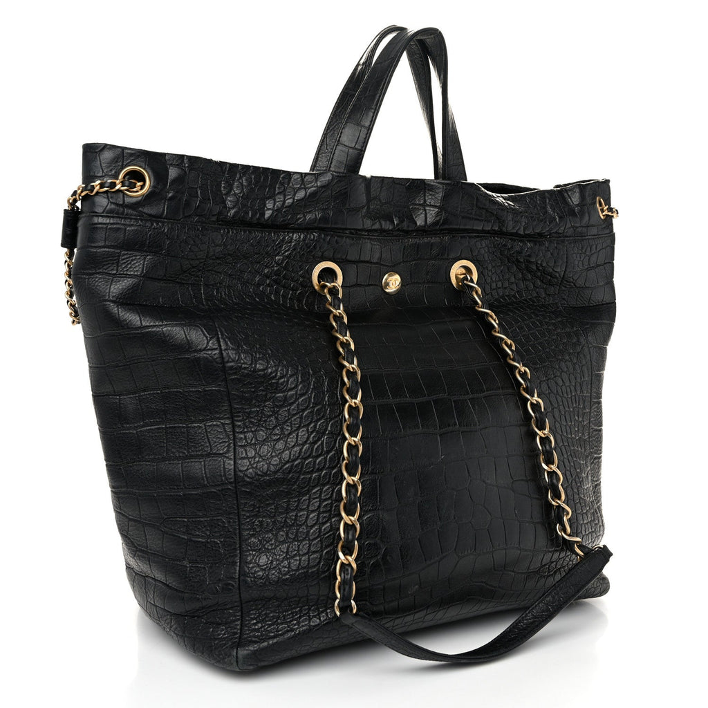Calfskin Crocodile Embossed Large Cocodile Shopping Tote Black