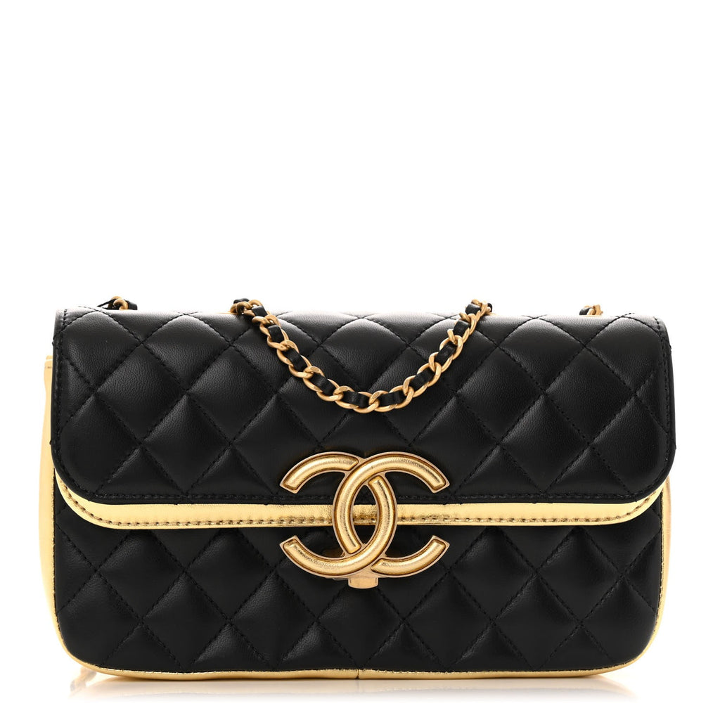 Lambskin Metallic Quilted Small CC Chic Double Flap Black Gold