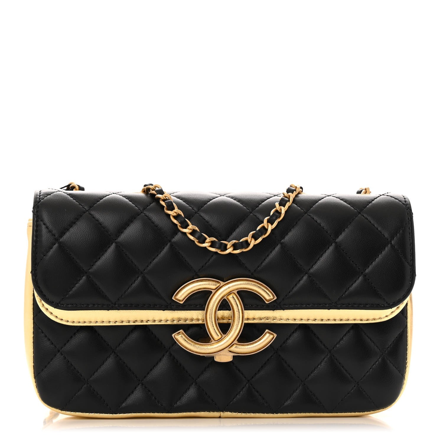 Lambskin Metallic Quilted Small CC Chic Double Flap Black Gold