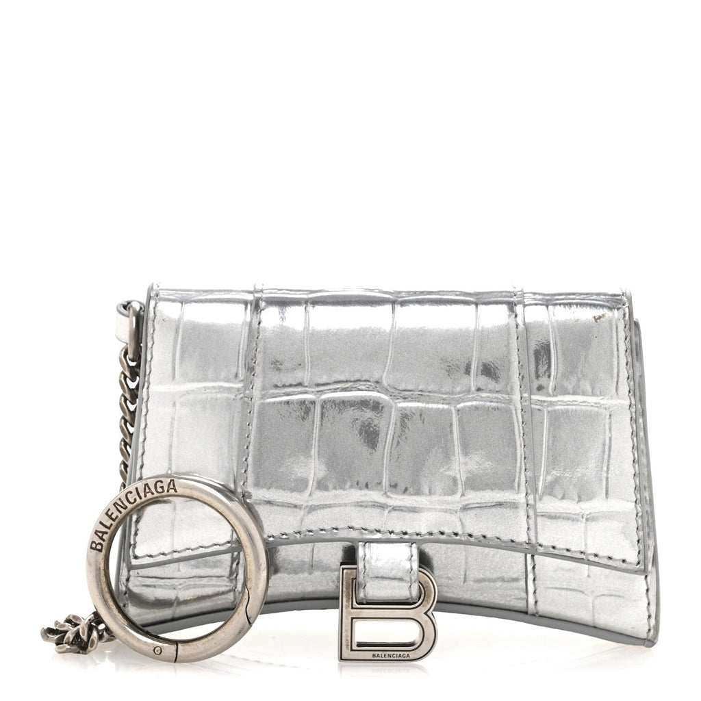 Metallic Calfskin Crocodile Embossed Hourglass Chain holder Silver