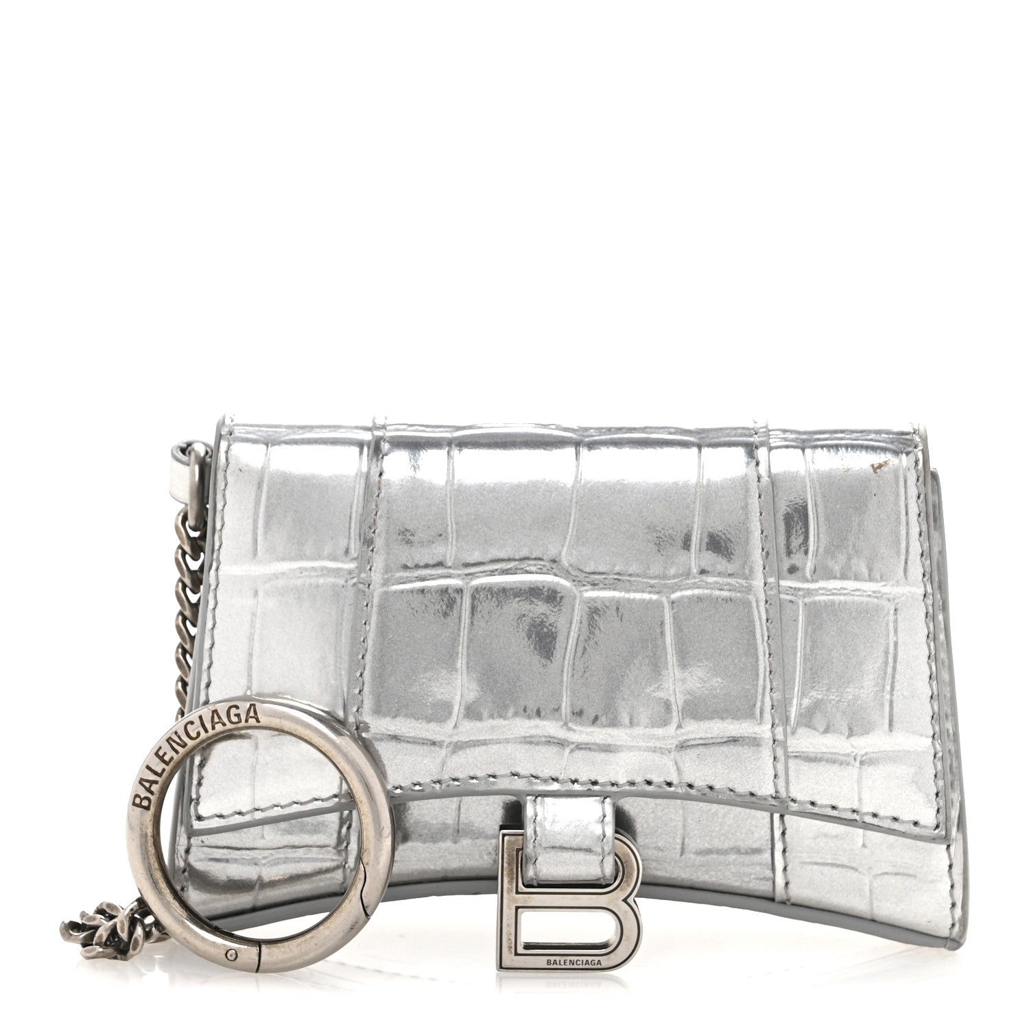 Metallic Calfskin Crocodile Embossed Hourglass Chain holder Silver