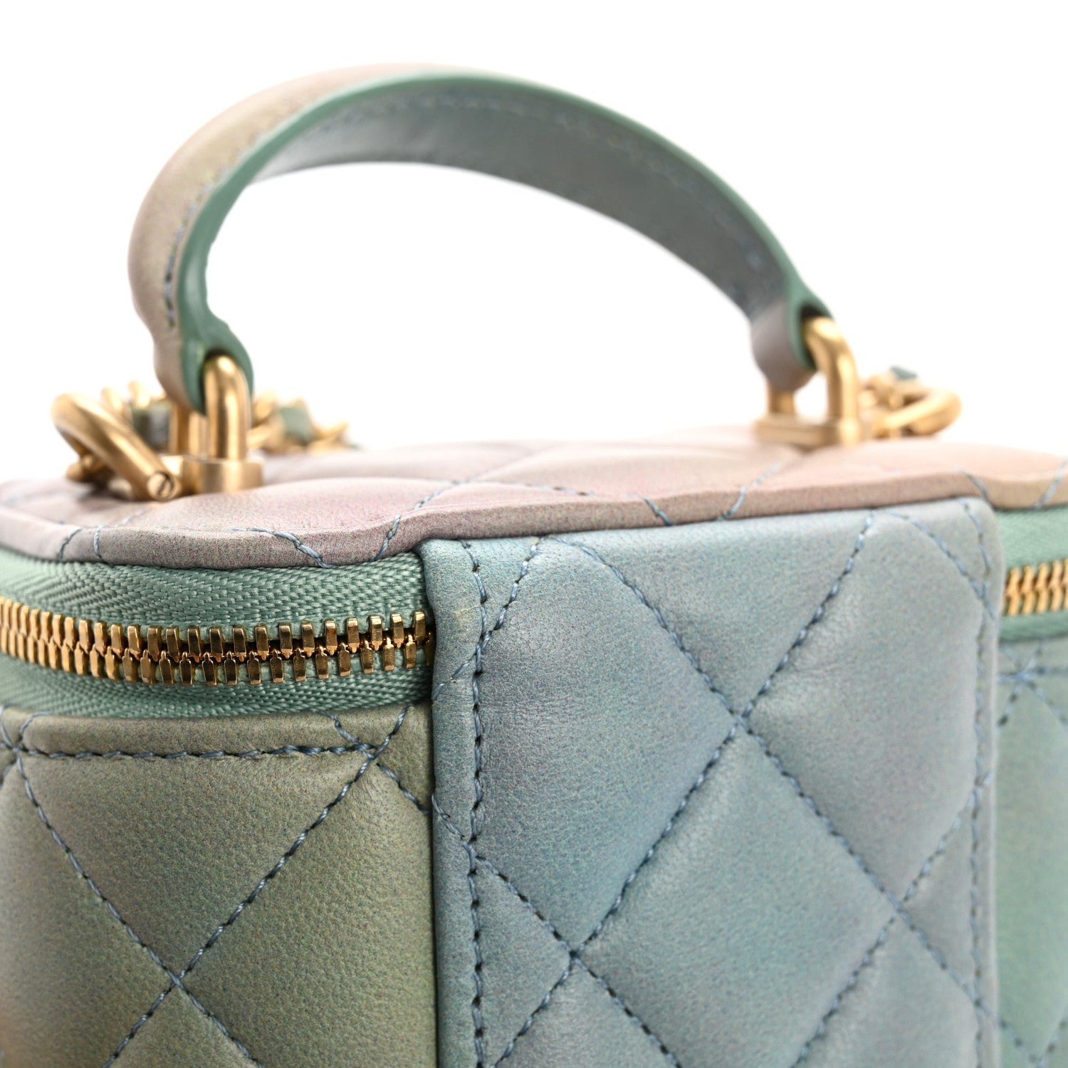 Lambskin Quilted Ombre Top Handle Mini Vanity Case With Chain Blue Green