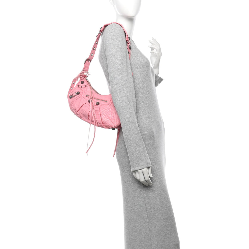 Extra Supple Calfskin Crocodile Embossed Small Le Cagole Shoulder Bag Sweet Pink