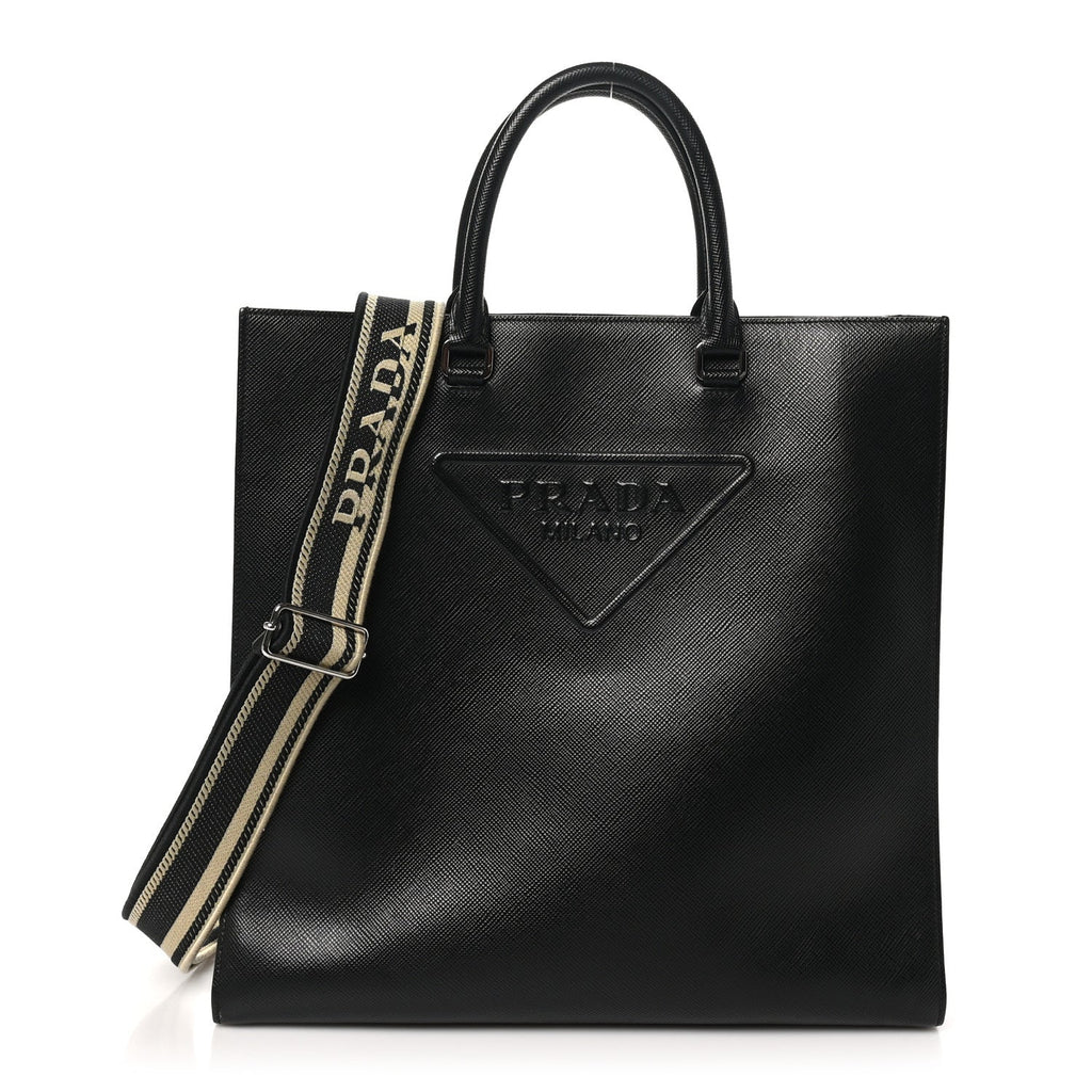 Saffiano Cuir Triangle Logo Embossed Vertical Tote Black