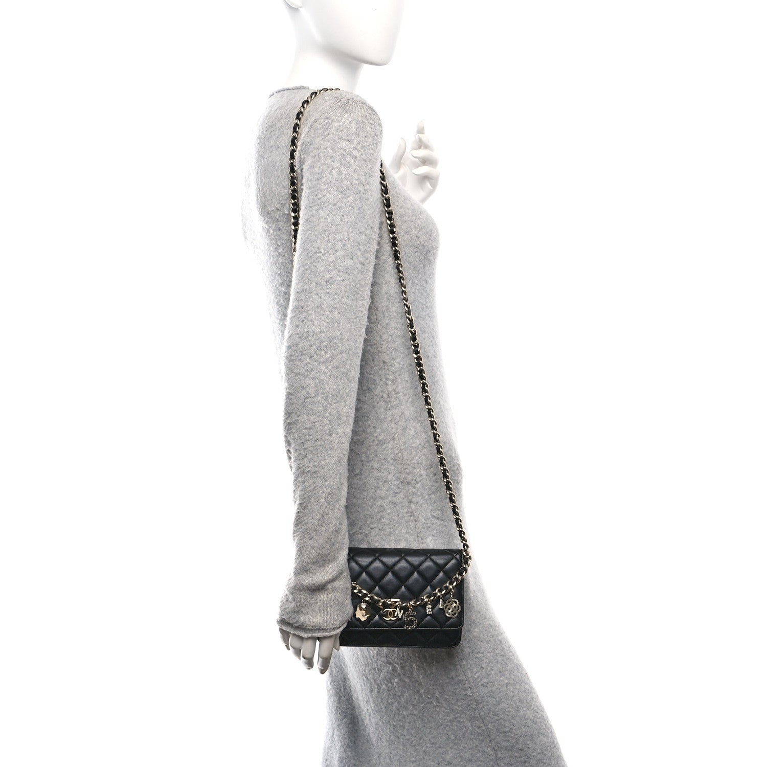 Lambskin Quilted Coco Charms Wallet On Chain Black