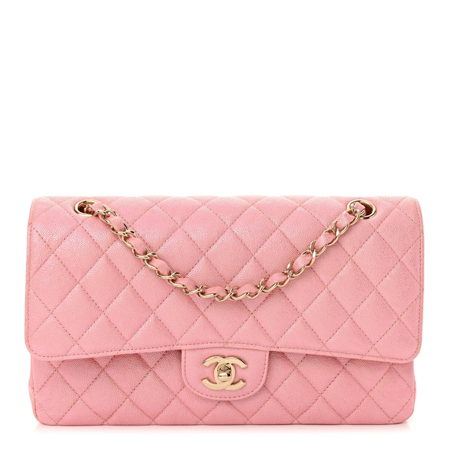 Iridescent Caviar Quilted Medium Double Flap Rose Pink