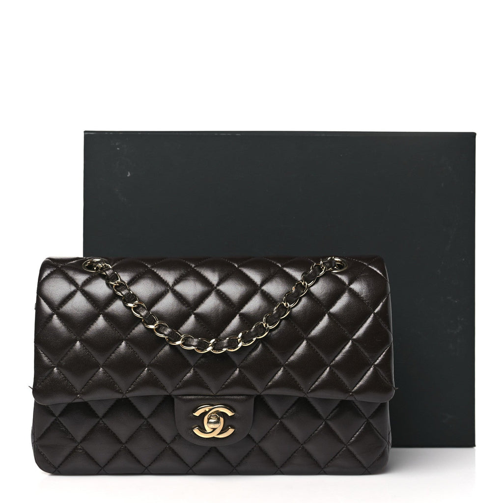 Lambskin Quilted Medium Double Flap Dark Brown