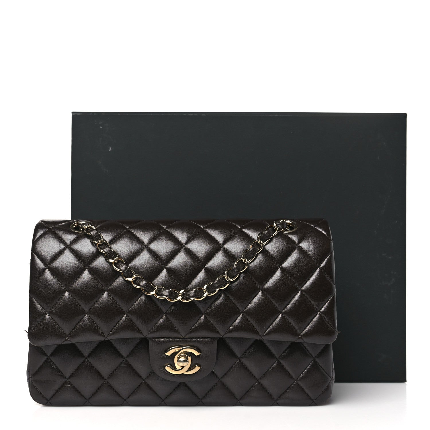Lambskin Quilted Medium Double Flap Dark Brown
