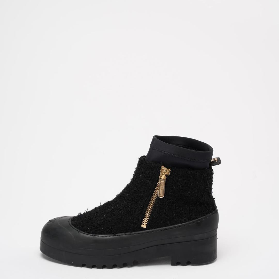 Chanel Black Tweed Rubber CC Short Boots Size 40