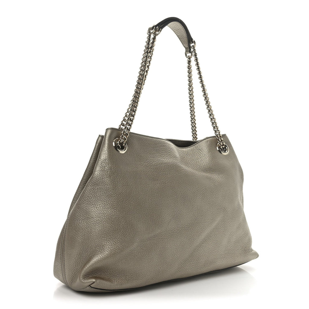 Metallic Pebbled Calfskin Medium Soho Chain Shoulder Bag Golden Beige