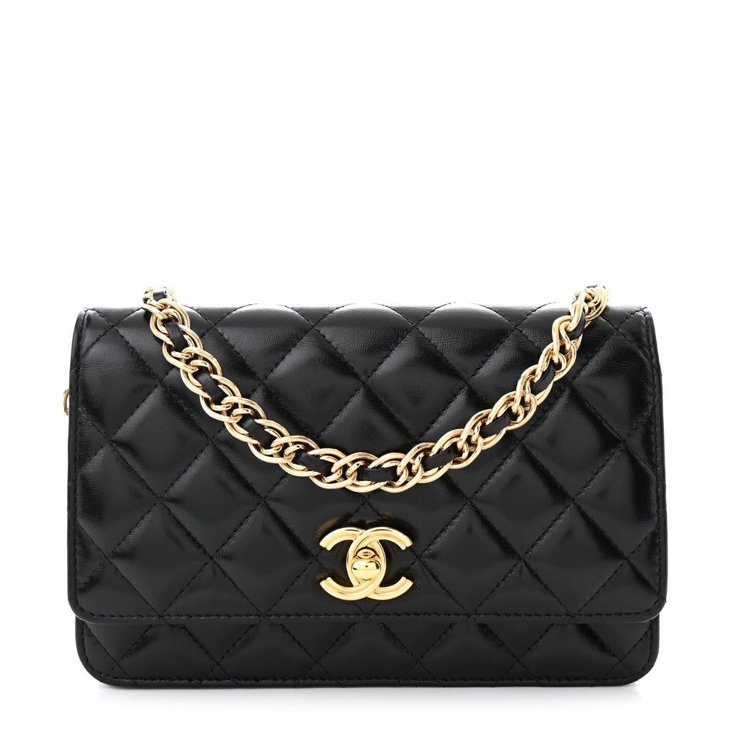 Shiny Lambskin Quilted Golden Links Wallet On Chain WOC Black