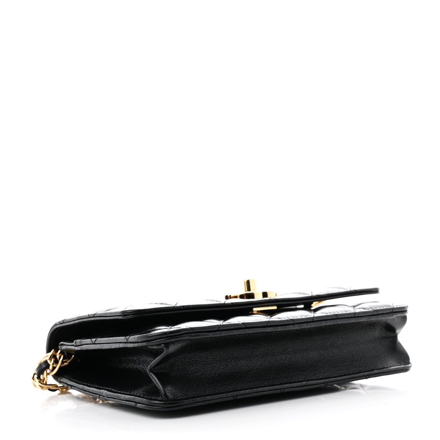 Shiny Lambskin Quilted Golden Links Wallet On Chain WOC Black