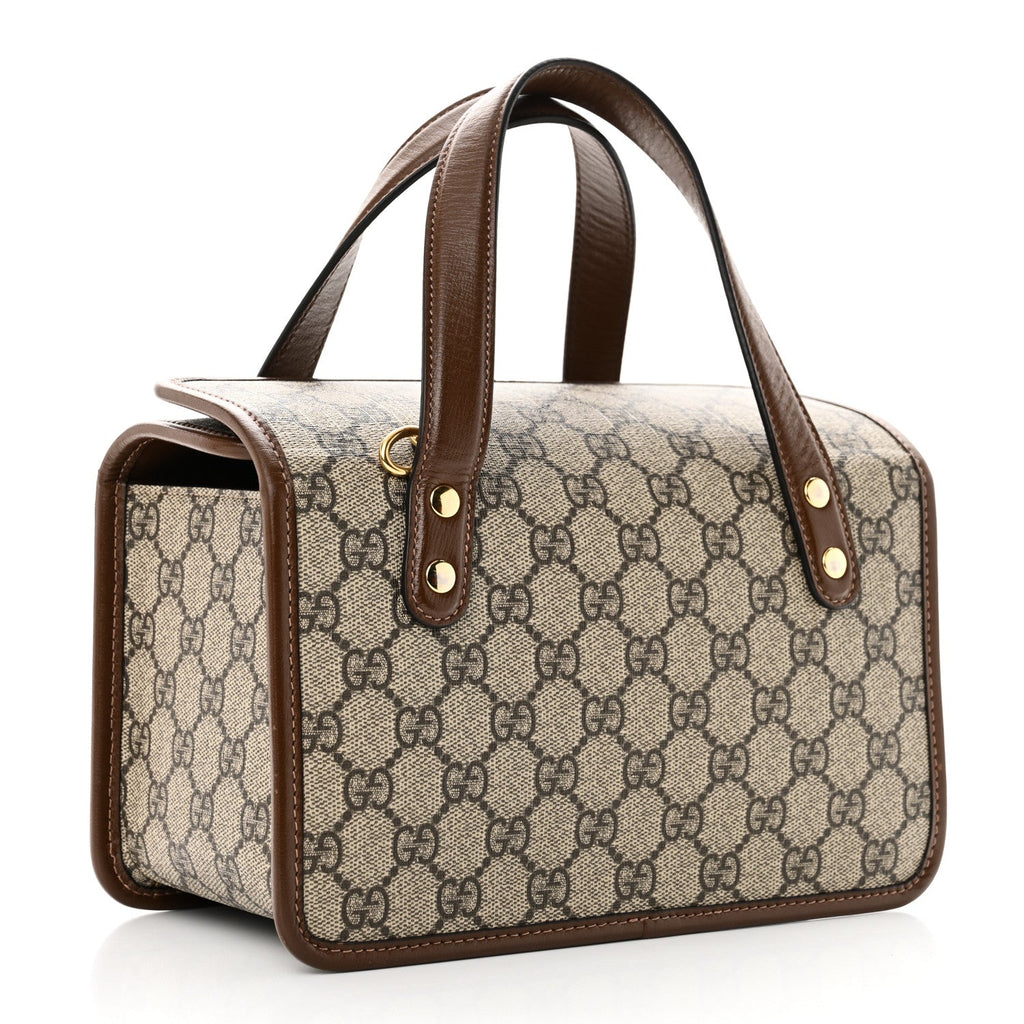 GG Supreme Monogram Azalea Calfskin Mini Horsebit 1955 Foldover Top Handle Bag Beige Ebony Brown Sugar