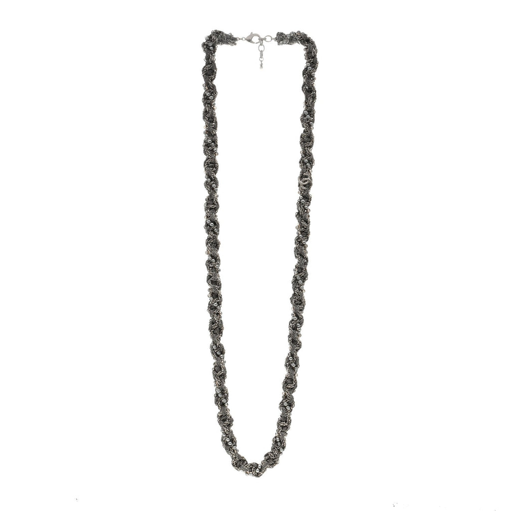 Multi Chain Braided Pearl Long Necklace Silver