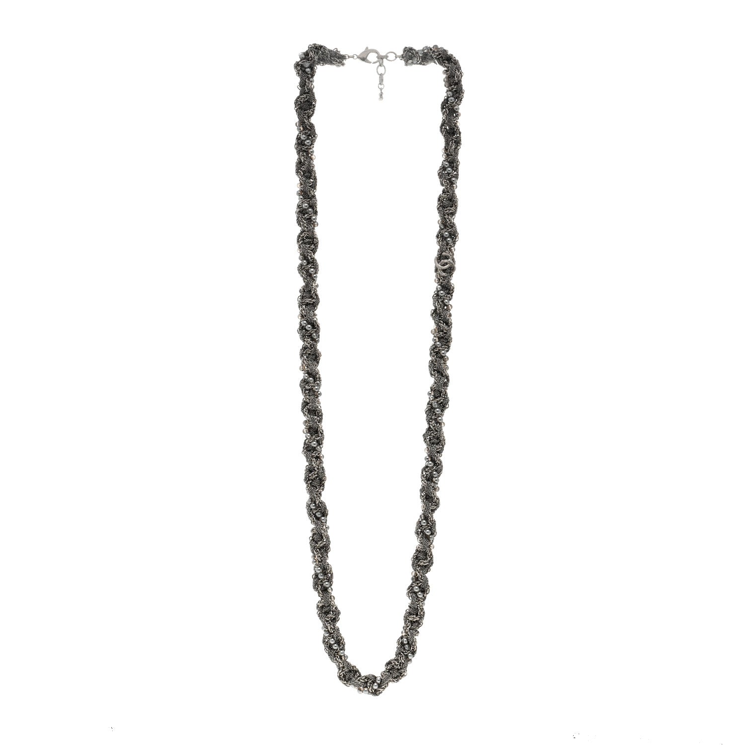 Multi Chain Braided Pearl Long Necklace Silver