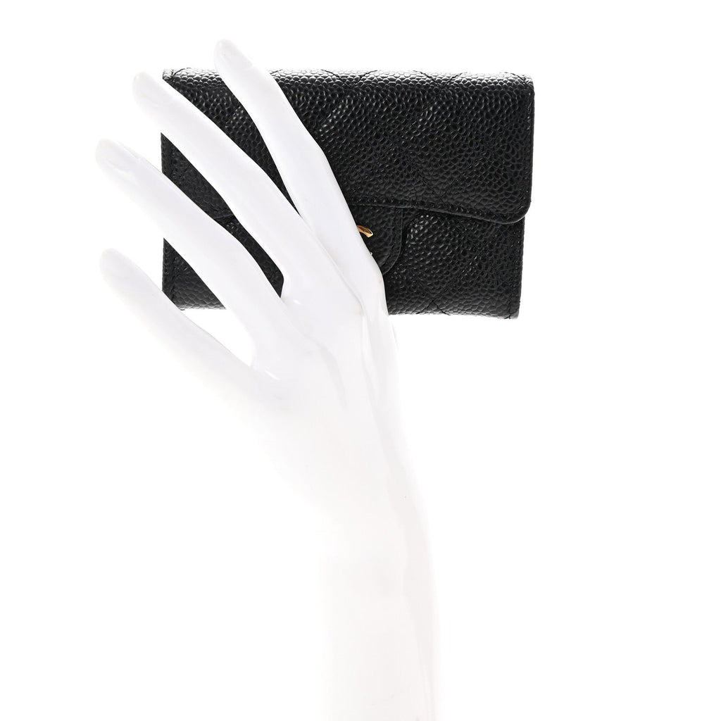 Caviar Quilted Flap  Holder Wallet Black