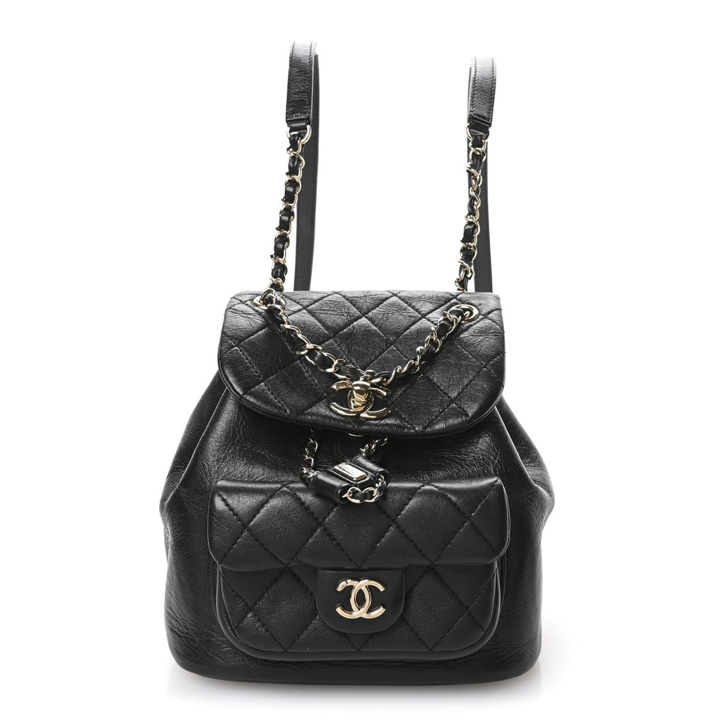 Glazed Aged Calfskin Quilted Small Duma Drawstring Backpack Black