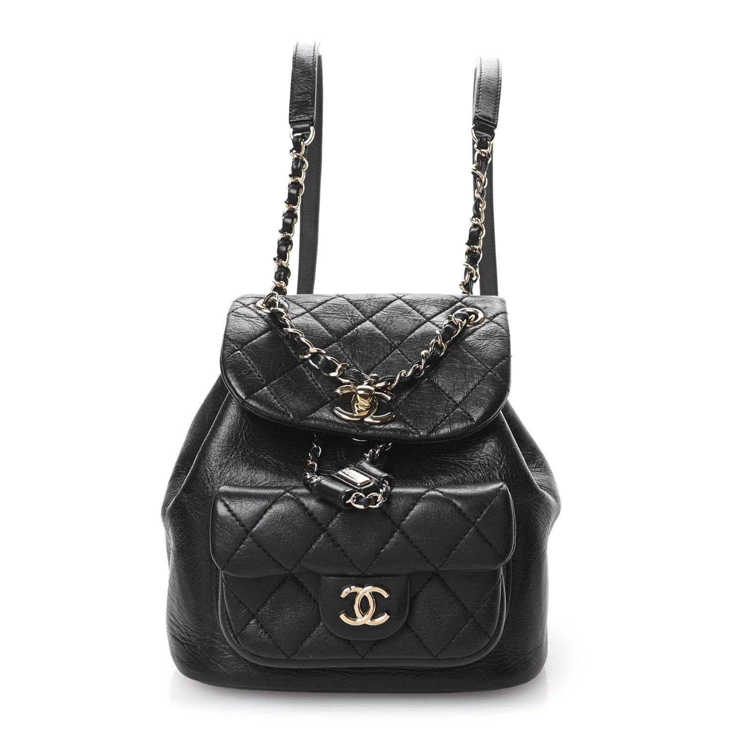 Glazed Aged Calfskin Quilted Small Duma Drawstring Backpack Black