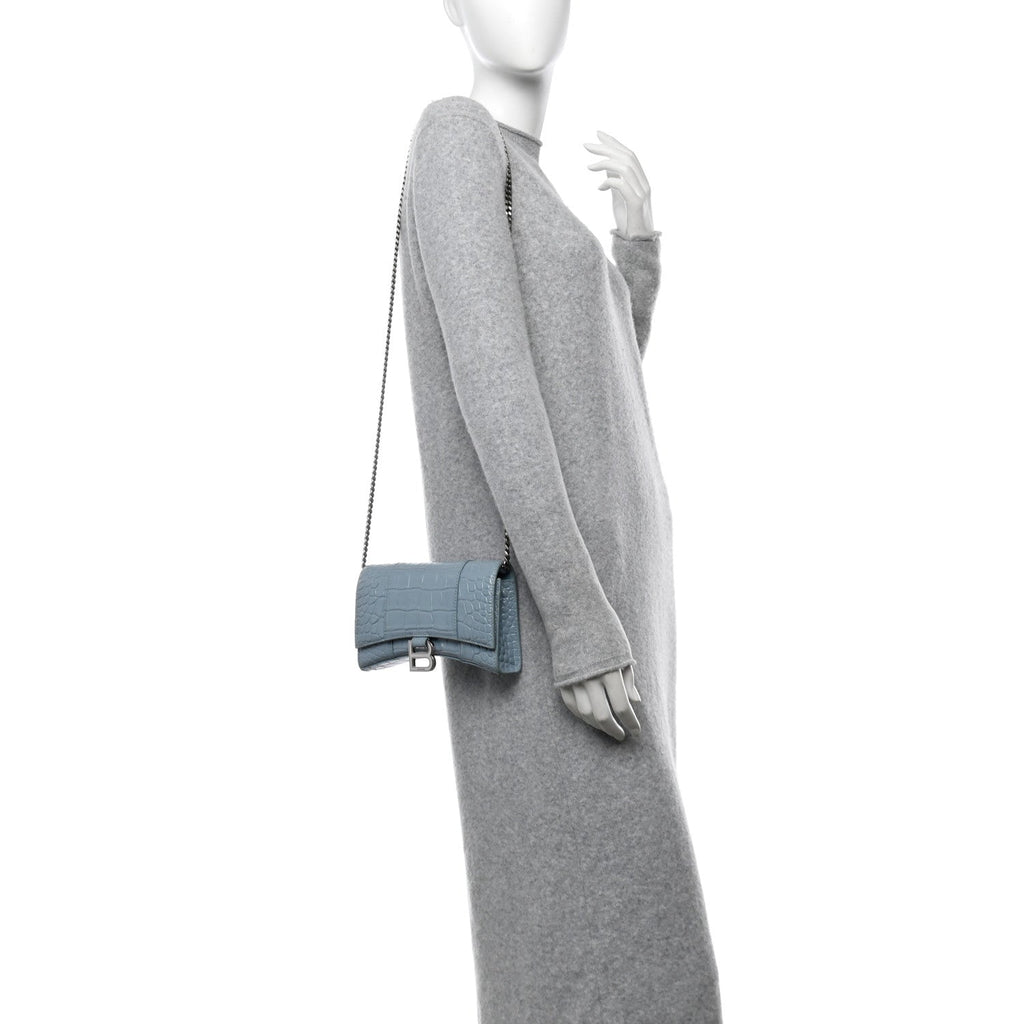 Shiny Calfskin Crocodile Embossed Hourglass Chain Bag Blue Grey
