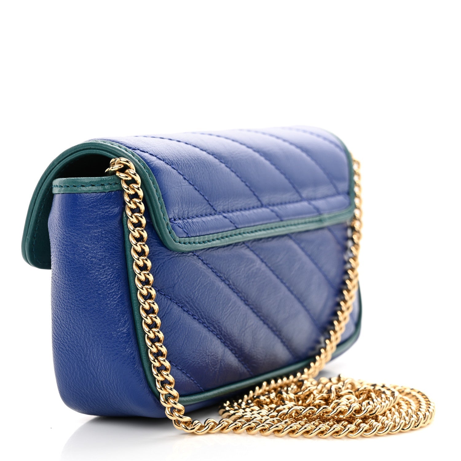 Azalea Calfskin Enamel Matelasse Diagonal Super Mini Torchon GG Marmont Shoulder Bag Imperial Blue Pavone