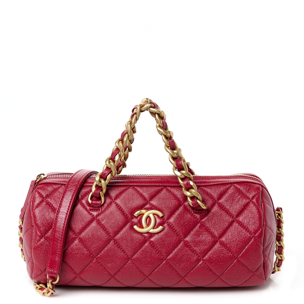 Shiny Lambskin Quilted Fashion Therapy Bowling Bag Red