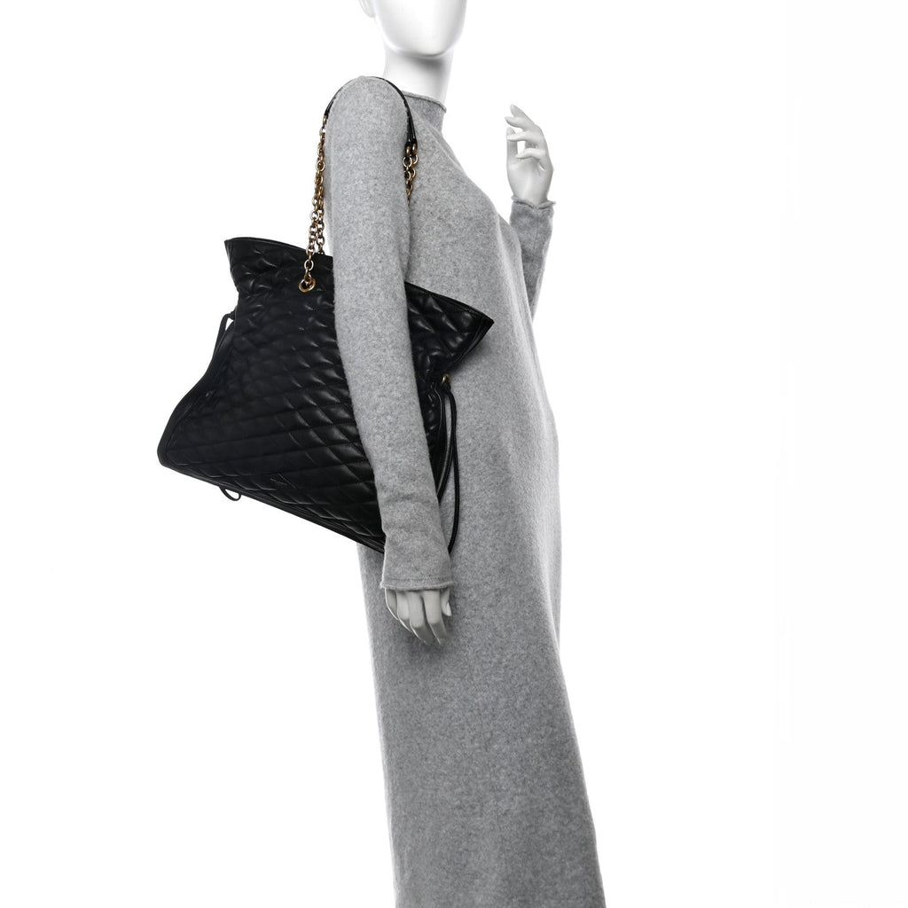 Lambskin Quilted Pochon Drawstring Tote Bag Black