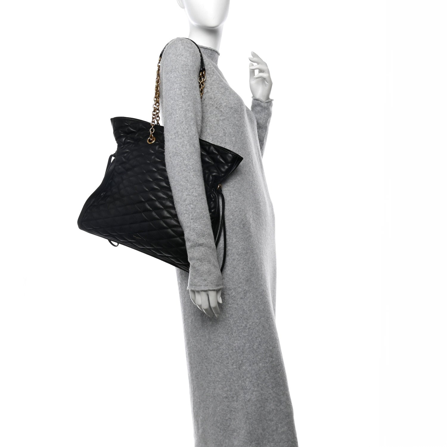 Lambskin Quilted Pochon Drawstring Tote Bag Black