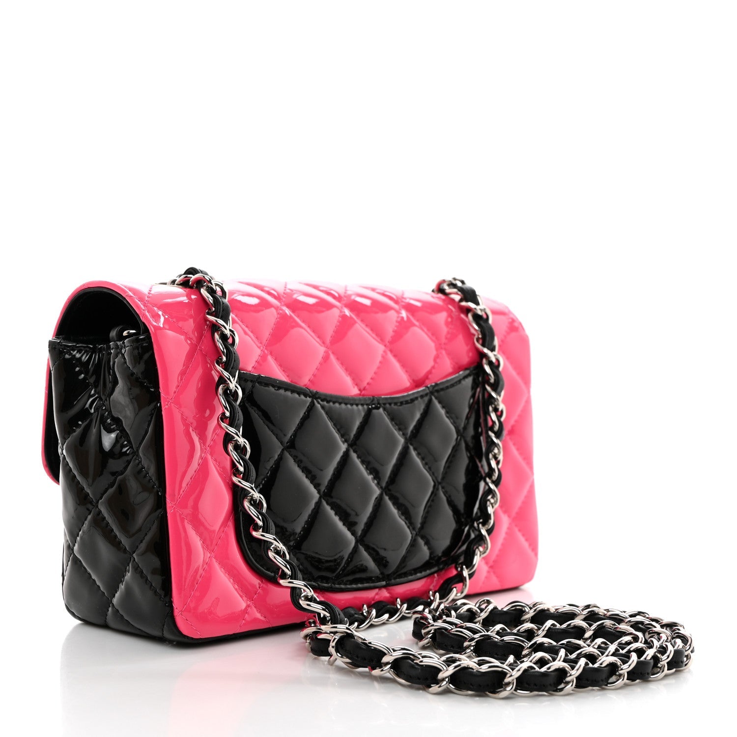 Patent Calfskin Quilted Bi-Color Mini Rectangular Flap Pink Black