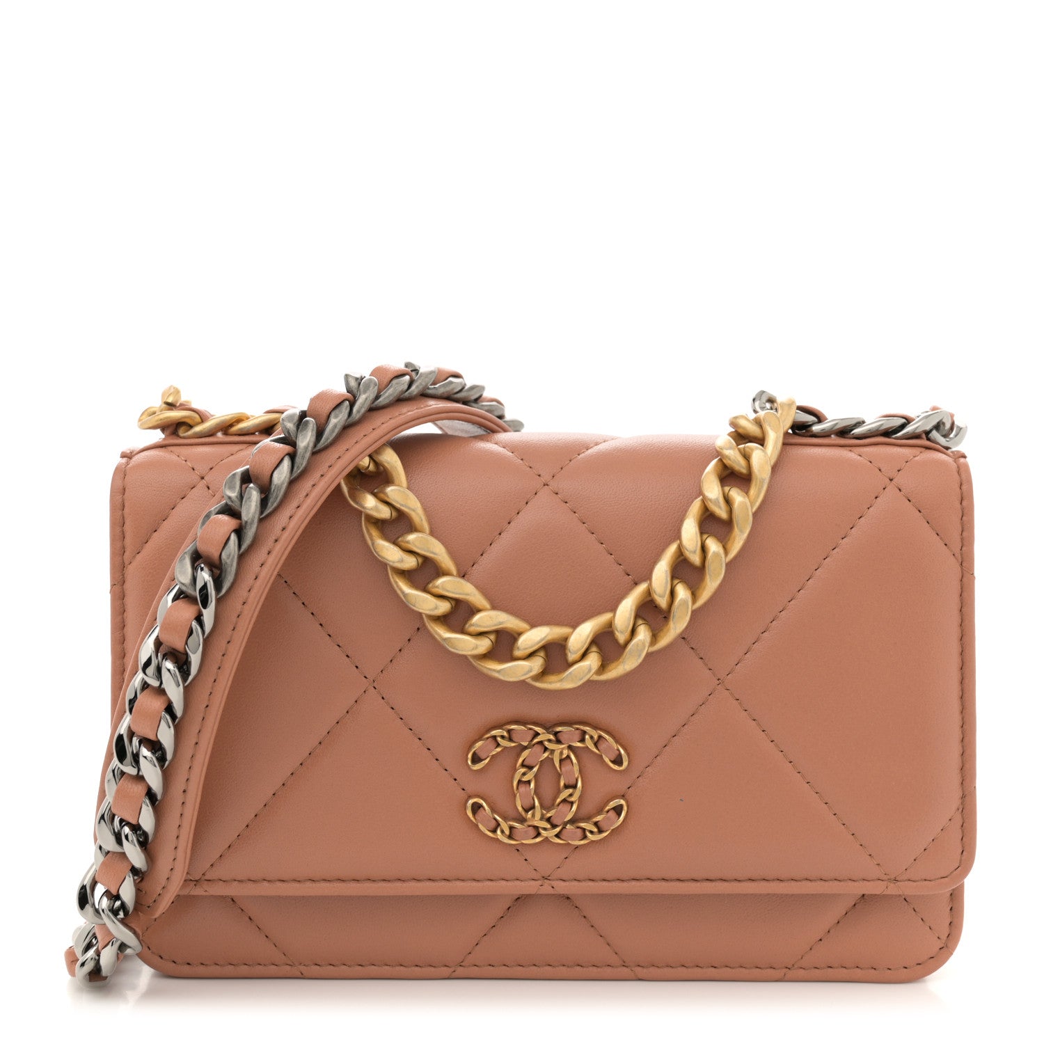 Lambskin Quilted Chanel 19 Wallet On Chain WOC Brown