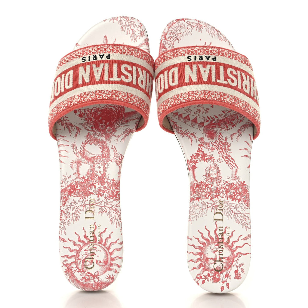 Canvas Soleil Embroidered Dway Flat Slide Sandals 38.5 Coral