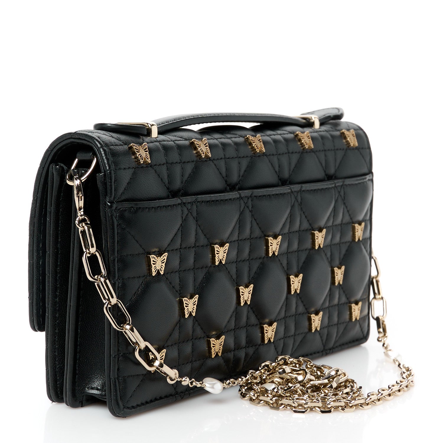 Lambskin Cannage Butterfly Studs Miss Dior Pouch Black