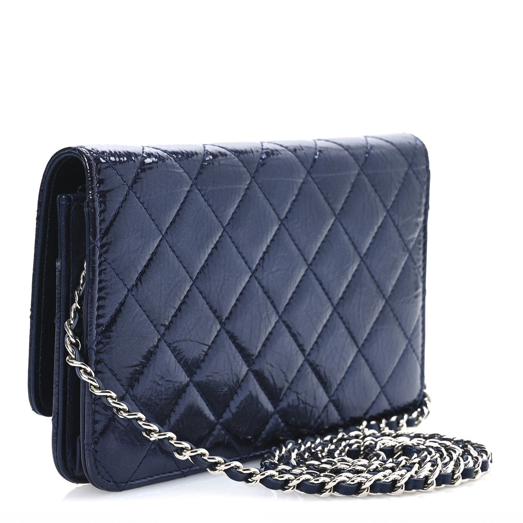 Patent Metallic Crumpled Calfskin Quilted Wallet On Chain WOC Navy