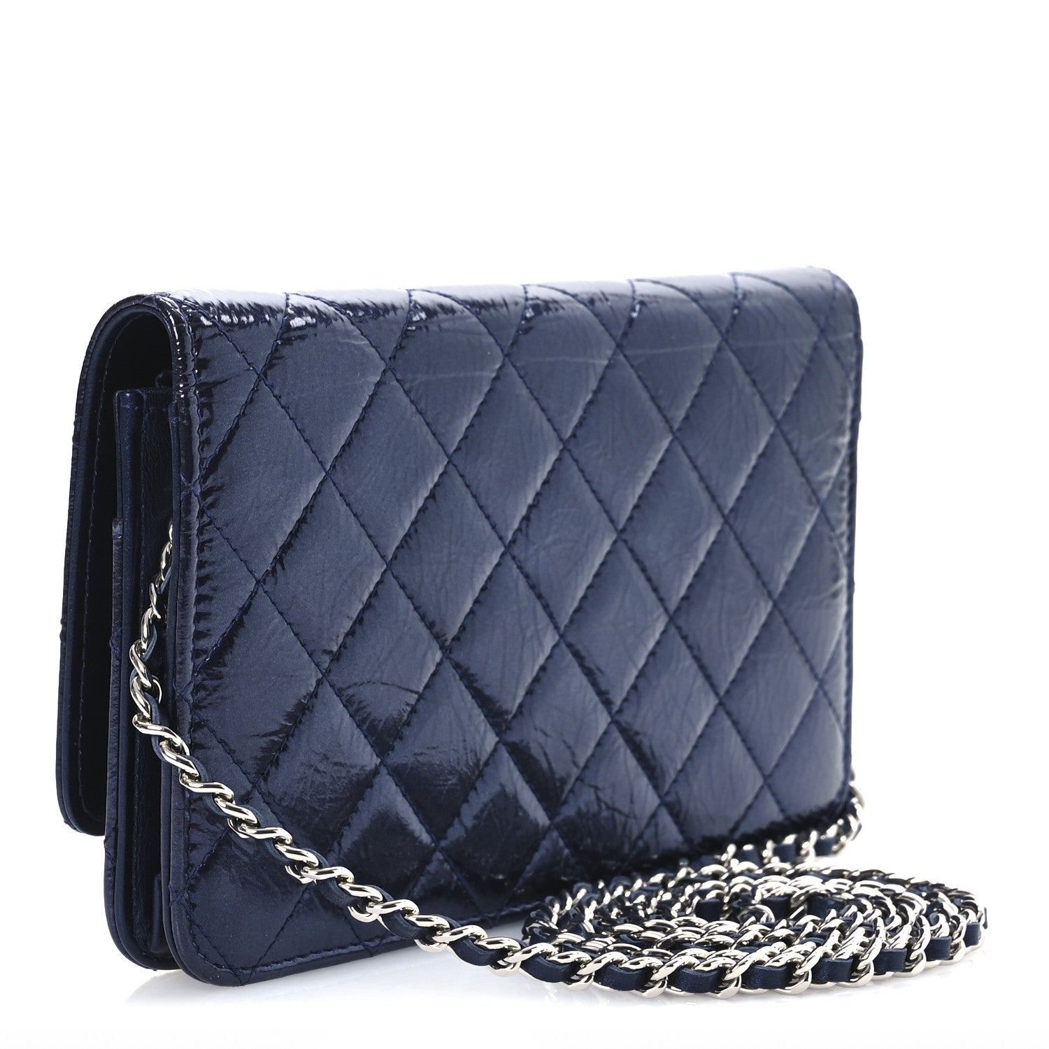 Patent Metallic Crumpled Calfskin Quilted Wallet On Chain WOC Navy