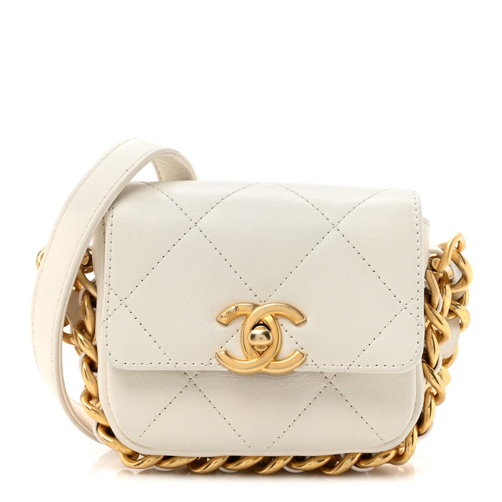 Calfskin Quilted Mini Framing Chain Bag White
