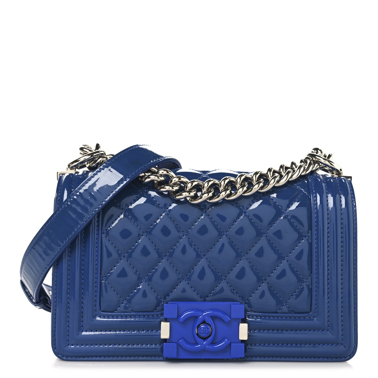 Patent Calfskin Quilted Small Plexiglass Boy Flap Blue