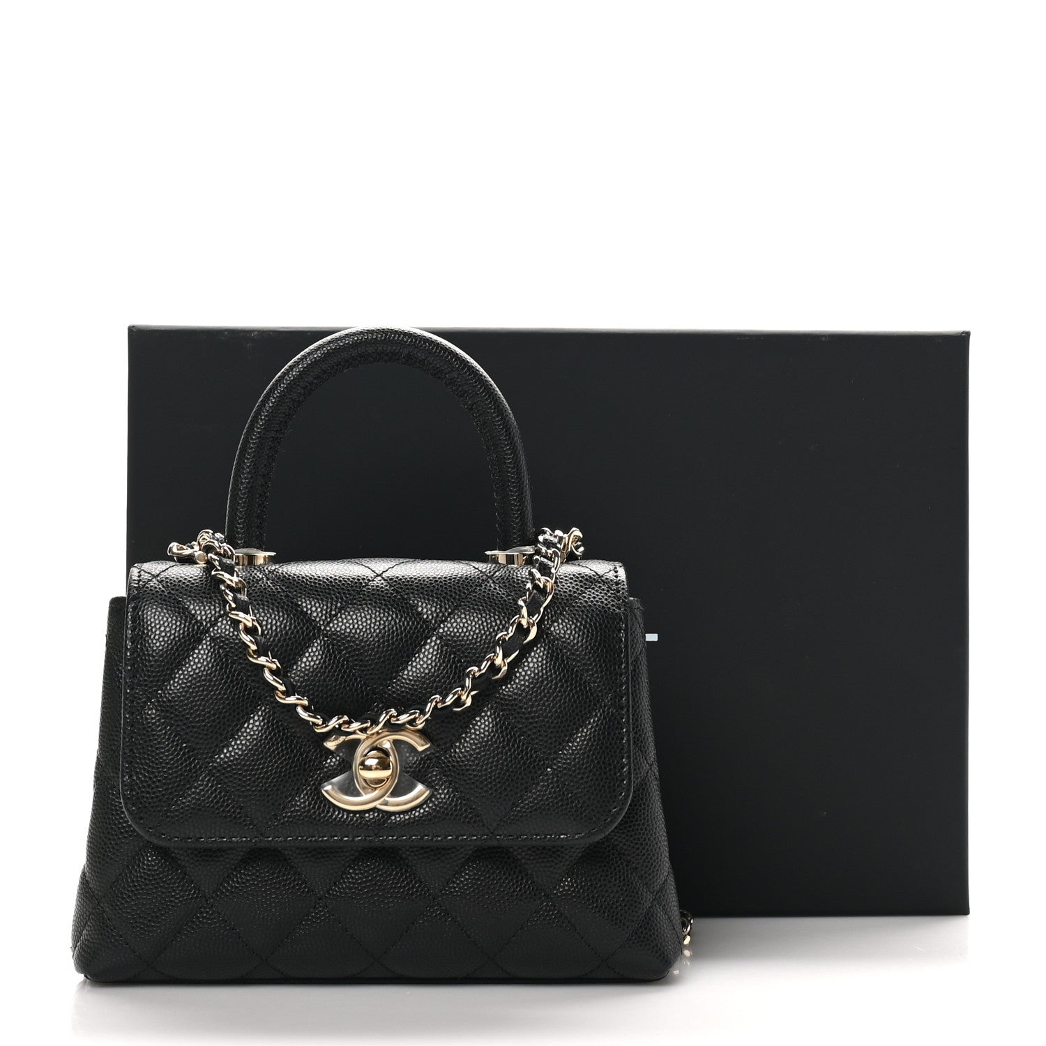 Caviar Quilted Coco Handle Clutch With Chain Black