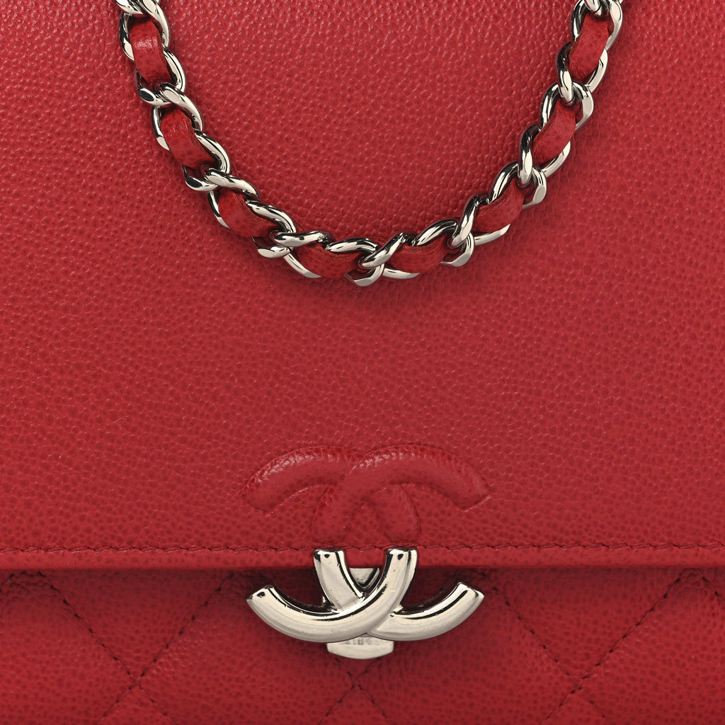 Grained Calfskin Quilted CC Box Wallet On Chain WOC Red
