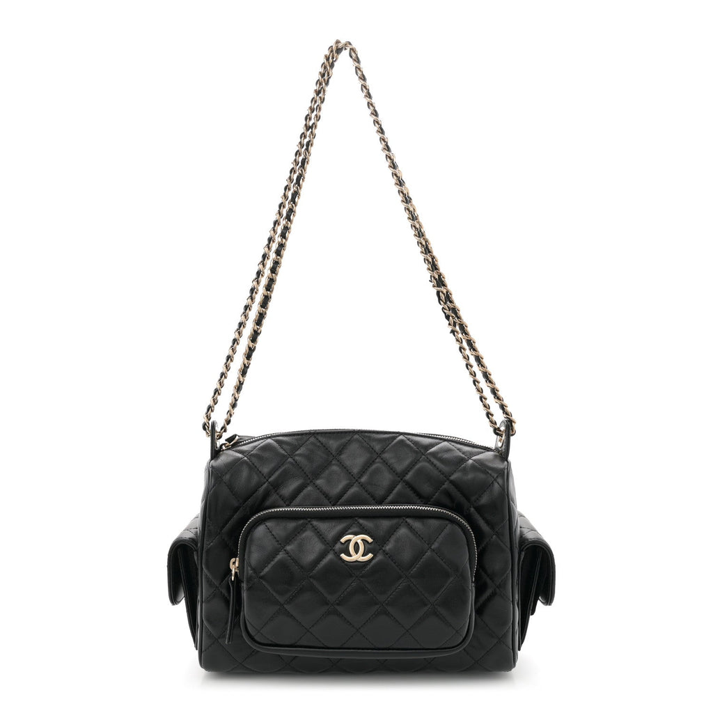 Shiny Crumpled Lambskin Quilted Medium Preppy Pocket Camera Case Black