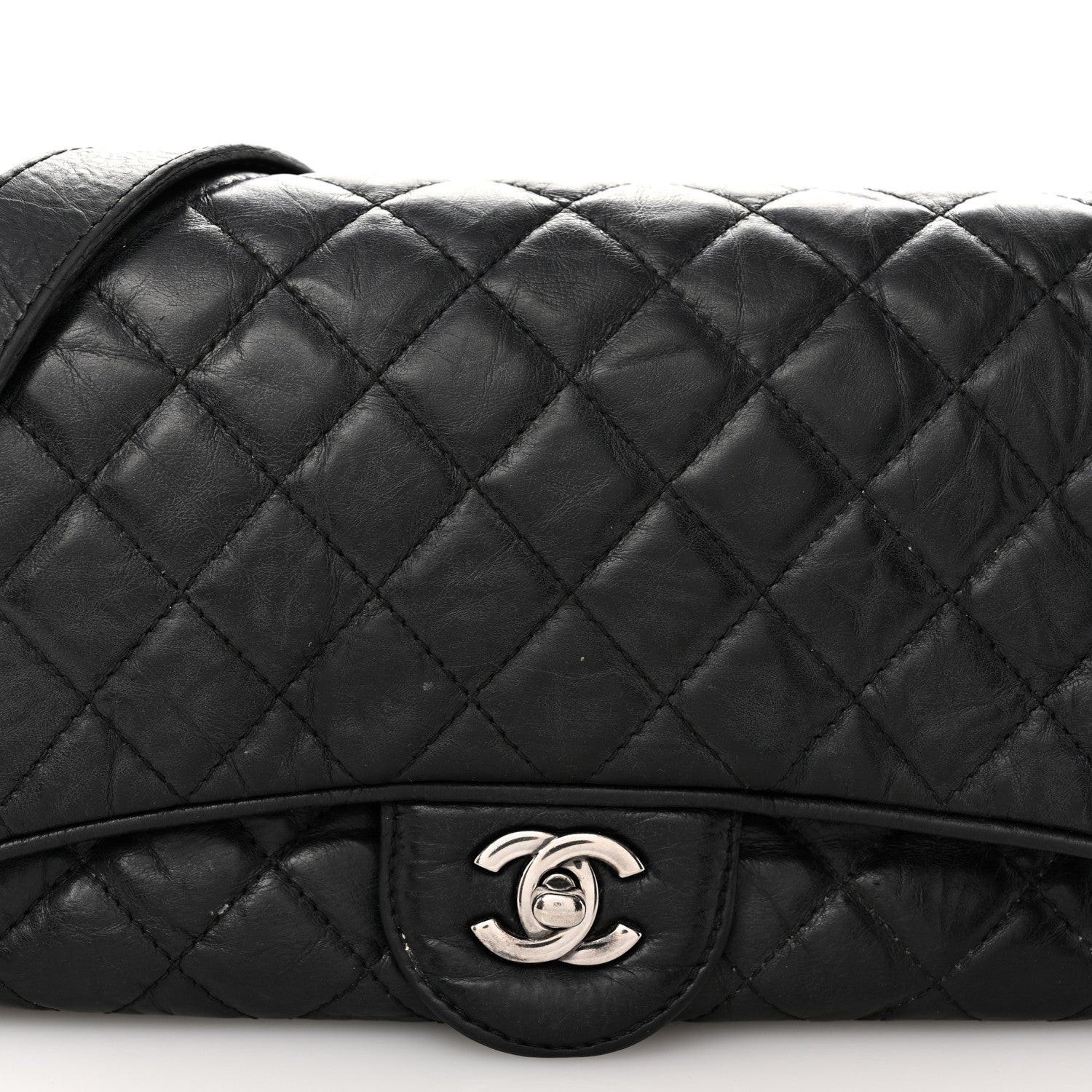 Crumpled Calfskin Quilted Medium Casual Rock Flap Black