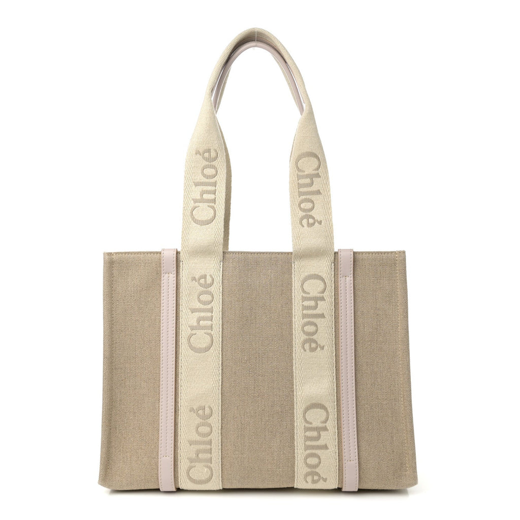 Linen Calfskin Medium Woody Ribbon Tote Cement Pink