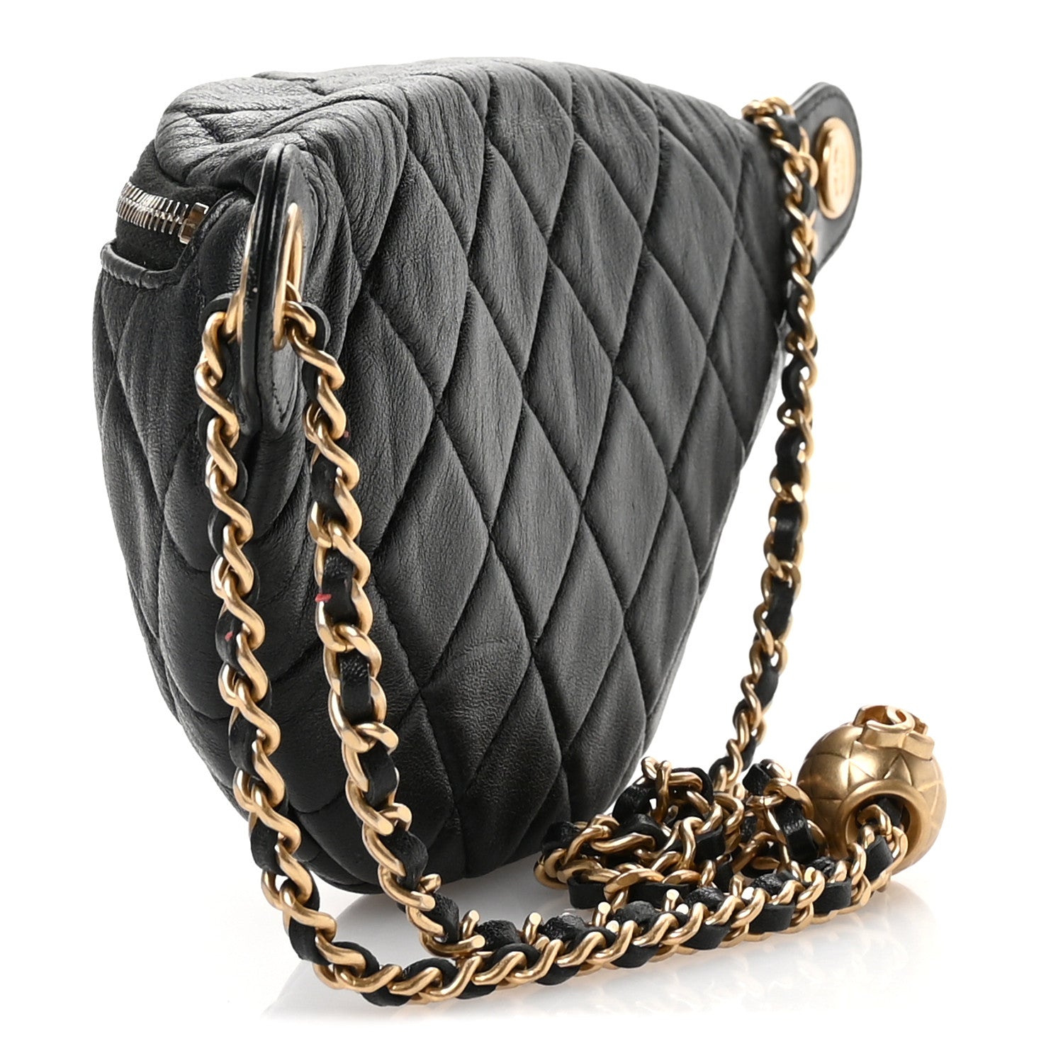 Shiny Lambskin Quilted Pearl Crush Belt Bag Black