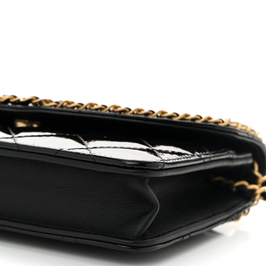 Patent Quilted Chain Around Heart Wallet On Chain WOC Black