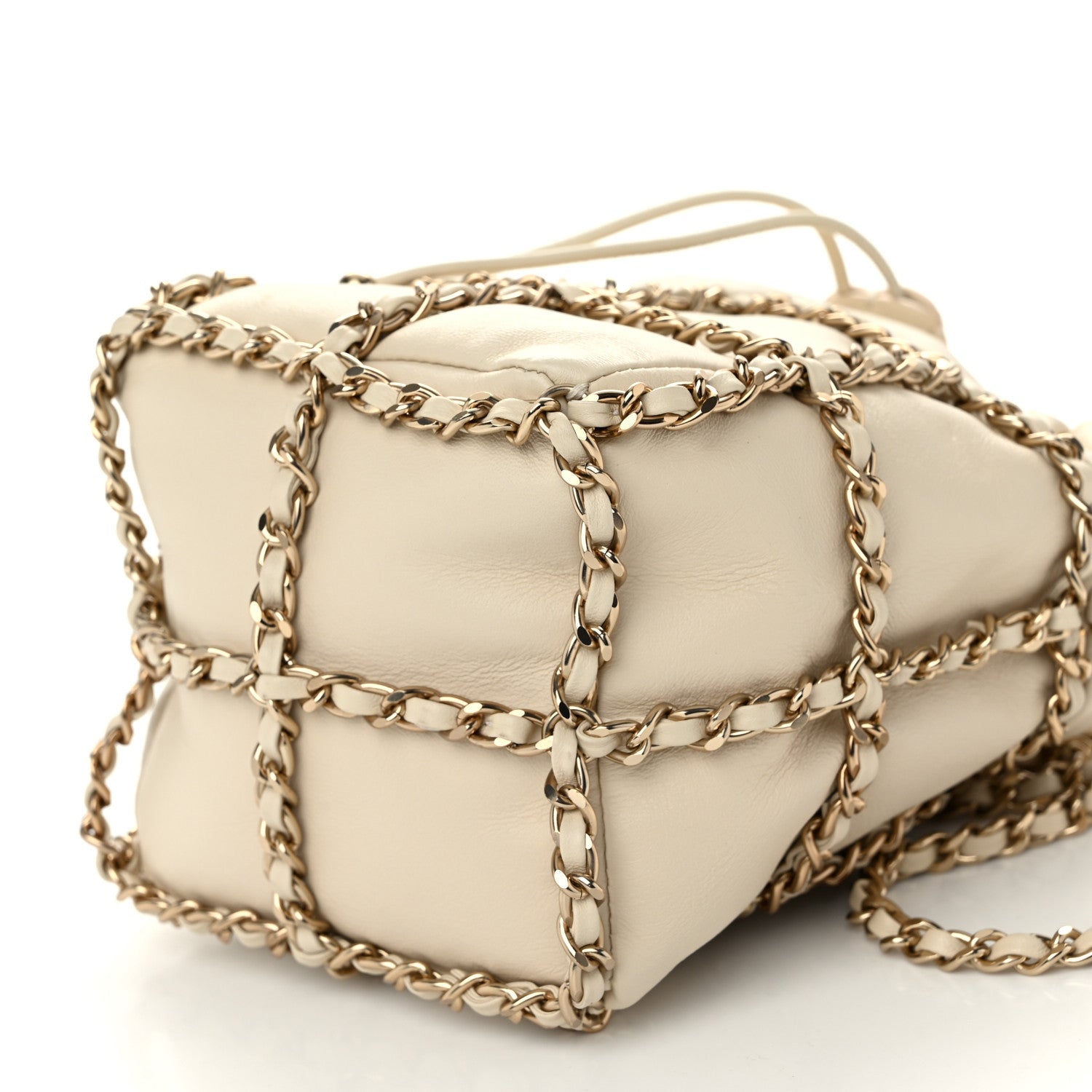 Lambskin Bucket Chain Drawstring Bag Beige