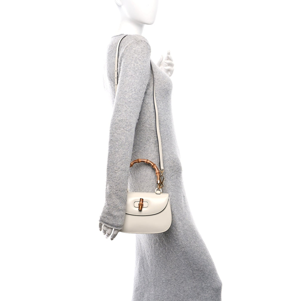 Boarded Dyana Lux Calfskin Web Small Bamboo 1947 Top Handle Bag Mystic White