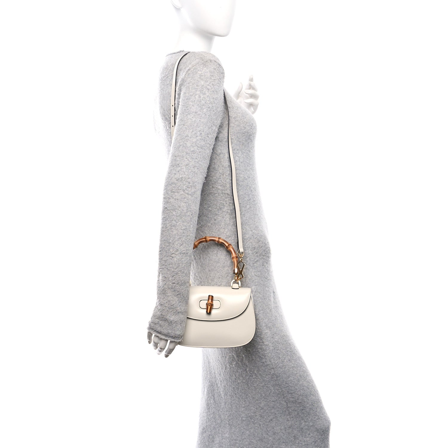 Boarded Dyana Lux Calfskin Web Small Bamboo 1947 Top Handle Bag Mystic White